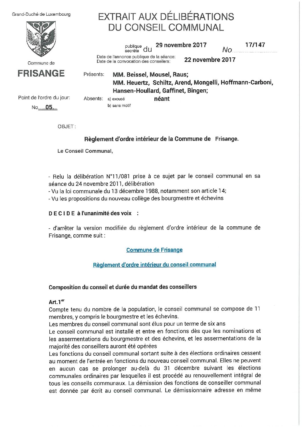 Règlement d'ordre intérieur de la Commune de Frisange